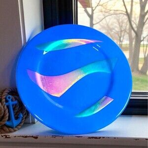 Suz Signed Fused Art Glass Plate 12in Blue Dichroic Modern Decor Gift Rainbow